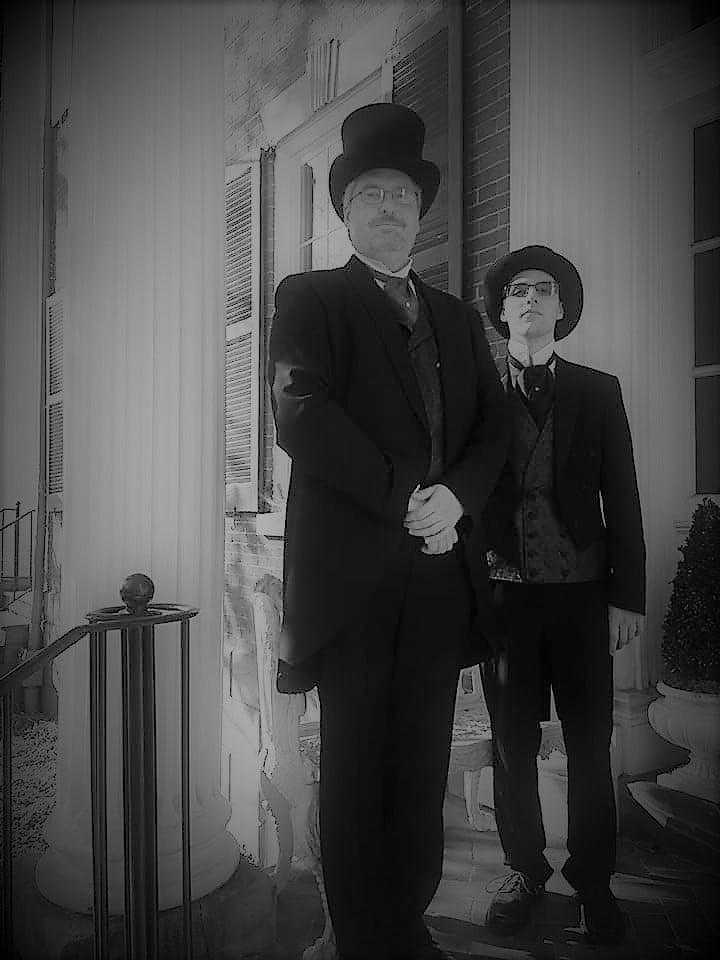 2019 Victorian Halloween Party at the Georgian - black and white photo two men standing